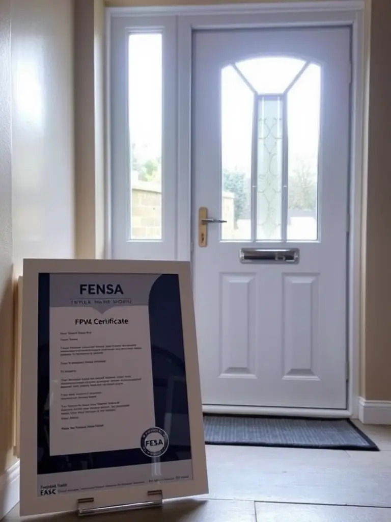 An image of a FENSA certificate displayed next to a newly installed uPVC door by Eagle Trade Windows And Doors, symbolizing compliance and customer assurance.