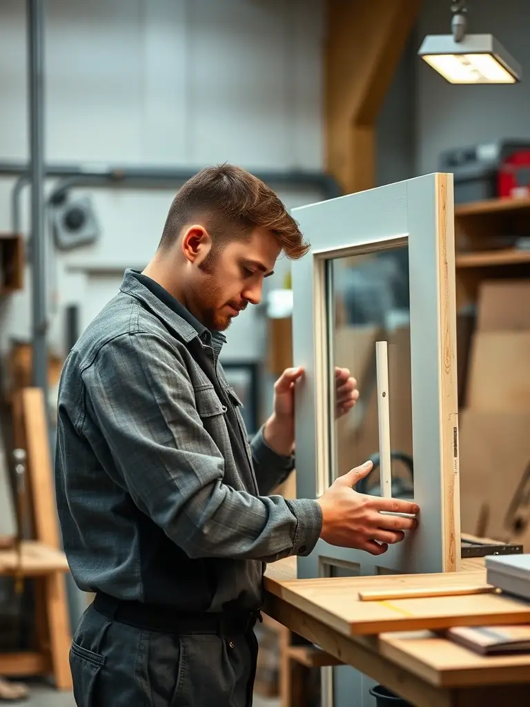An image of a craftsman in the Eagle Trade factory, carefully inspecting a newly manufactured uPVC door, highlighting the company's commitment to quality control and in-house production.