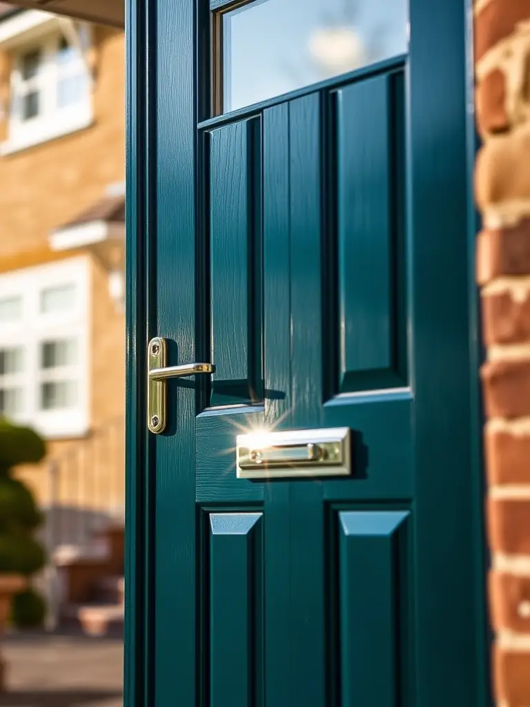 A close-up image of an Eagle Trade composite door, emphasizing its robust construction, stylish design, and high-security features, set against a blurred background of a residential property.