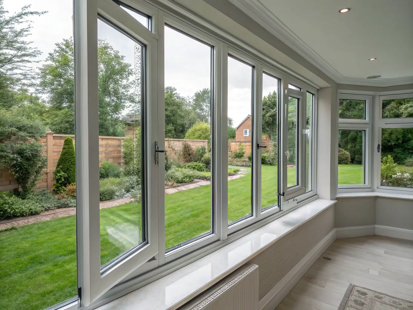 A modern, energy-efficient double-glazed uPVC window with a white frame, showcasing its sleek design and thermal properties in a residential setting.