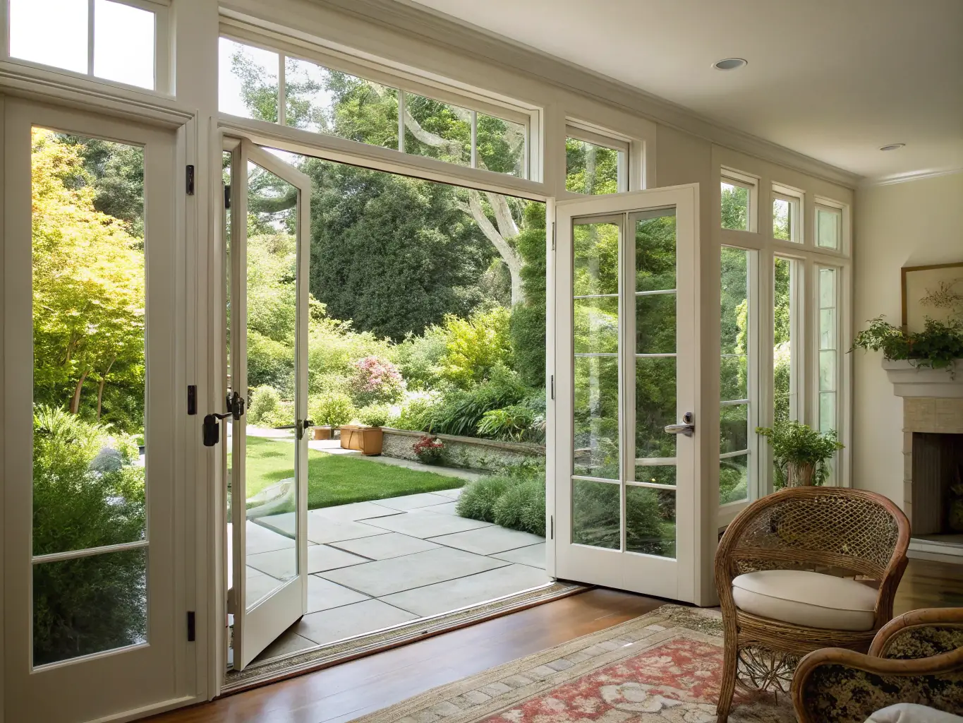 An open aluminium bi-fold door leading to a garden, illustrating the seamless transition between indoor and outdoor spaces and the expansive opening created by the doors.