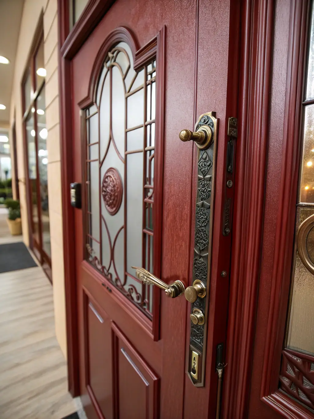A close-up of a stylish composite door, highlighting its wood-grain texture and robust multi-point locking system, set against a brick wall.