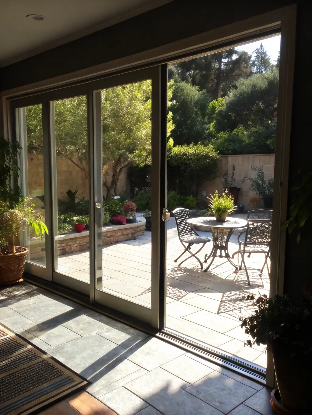 A modern aluminium bi-fold door installation, showcasing the seamless transition between a living room and an outdoor patio, bathed in natural light.
