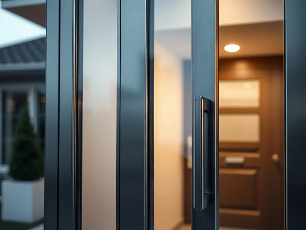 A close-up of a stylish composite door in a contemporary grey finish, highlighting its robust construction and security features.